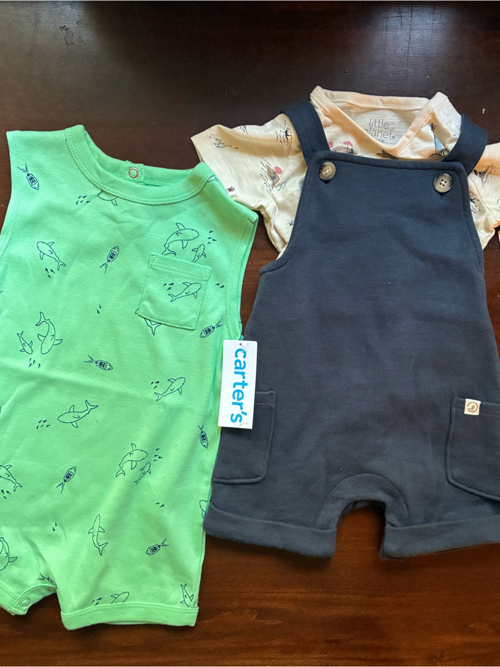 Carter's Green Shark Print Short-Sleeve Onesie & Navy Overalls Set